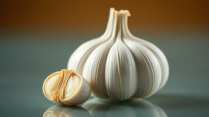 Whole garlic bulb with two separated cloves on transparent background vertical