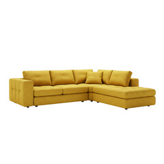 Modern yellow sectional sofa with cushions and ottoman on transparent background