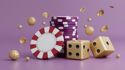Purple and gold casino chips and dice on a purple background.