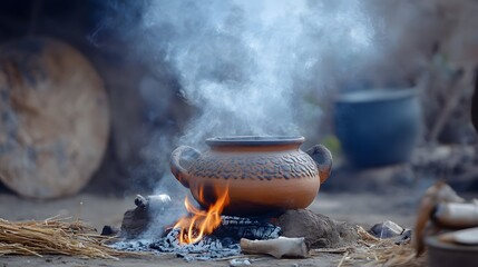 Earthenware pot cooking over an open fire with smoke rising in a rustic setting