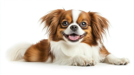 Happy Papillon Dog Lying Down on White Background