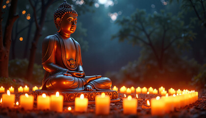 Buddha statue meditating surrounded by candlelight
