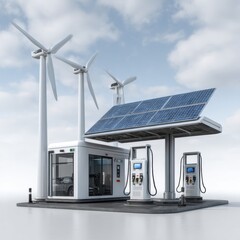 Eco-Friendly Gas Station with Wind Turbines and Solar Panels