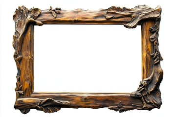 Rustic wooden frame with detailed tree bark texture on an isolated background