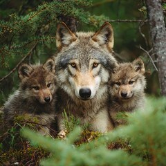 Naklejka premium A majestic wolf with two cubs surrounded by lush green trees. The wolf is looking straight at the camera with a protective gaze, the cubs looks calm and secure