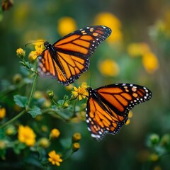 Obraz premium Two Monarch butterflies perched on yellow flowers in a serene garden setting, the delicate wings showcasing intricate patterns and vibrant hues