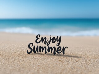 A serene beach scene showcasing the phrase Enjoy Summer prominently displayed on soft sand under a clear blue sky capturing the essence of relaxation and summer joy at a tropical destination