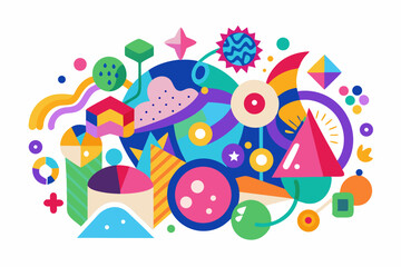 Vibrant abstract background featuring geometric shapes in Memphis style. Includes bold triangles in pink, teal, yellow, and purple, combined with dotted, striped, and wavy textures.