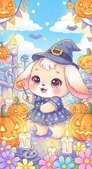 Fototapeta premium Cute Wallpaper, A super cute fluffy baby animal Cartoon in Halloween