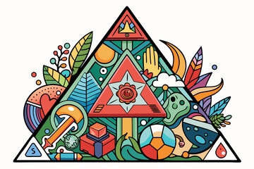 Vibrant abstract background featuring geometric shapes in Memphis style. Includes bold triangles in pink, teal, yellow, and purple, combined with dotted, striped, and wavy textures.