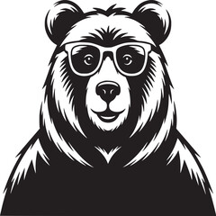 A black and white illustration of a bear wearing glasses with a smiling expression on a white background