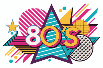 Vibrant abstract background featuring geometric shapes in Memphis style. Includes bold triangles in pink, teal, yellow, and purple, combined with dotted, striped, and wavy textures.