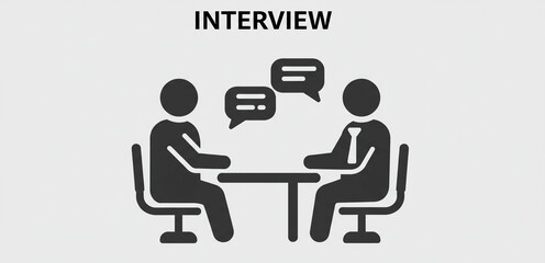 Two people sitting at a table having a conversation with speech bubbles above them in a gray setting