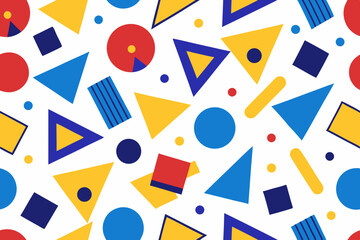 Vibrant abstract background featuring geometric shapes in Memphis style. Includes bold triangles in pink, teal, yellow, and purple, combined with dotted, striped, and wavy textures.