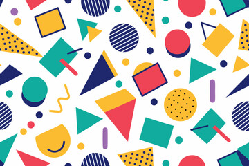 Vibrant abstract background featuring geometric shapes in Memphis style. Includes bold triangles in pink, teal, yellow, and purple, combined with dotted, striped, and wavy textures.
