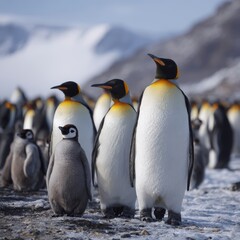 Fototapeta premium A captivating group of penguins standing together with snowy mountains in background. This image showcases the beauty of the Antarctic wilderness