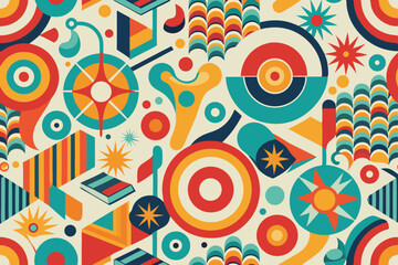 Fototapeta premium Vibrant abstract background featuring geometric shapes in Memphis style. Includes bold triangles in pink, teal, yellow, and purple, combined with dotted, striped, and wavy textures.