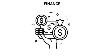 Fototapeta premium A line drawing showing a hand holding coins, a dollar bill, and a bag of money on a white background
