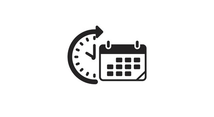 Illustration of a clock face with an arrow and a calendar icon on a white background surface area