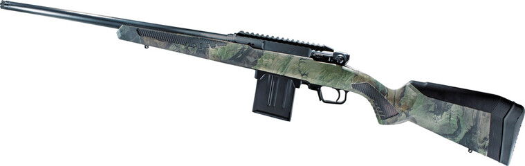Bolt action rifle with a green and tan camo stock