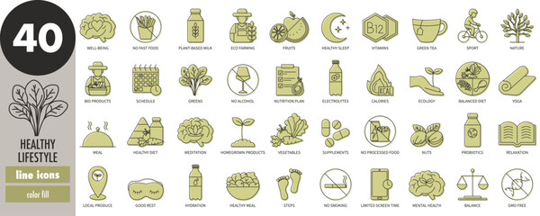 Healthy lifestyle - thin line icons set with green fill. Meditation, self-care, inner growth, healthy diet, sport, balance, relaxation, nature, night rest, vitamins, nutrition, vector illustration
