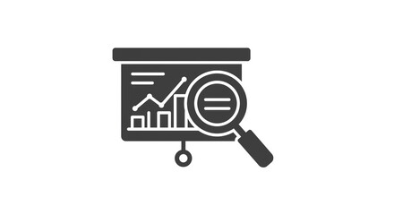 A presentation board displaying a graph and bar chart being examined with a magnifying glass icon art