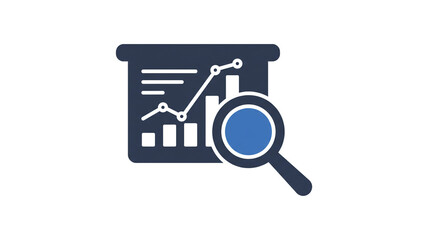 A dark blue graph with a line and bars being analyzed with a magnifying glass on a white background