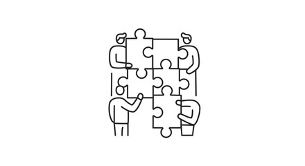 Line drawing of four people assembling a puzzle, concept of teamwork and collaboration, on white background