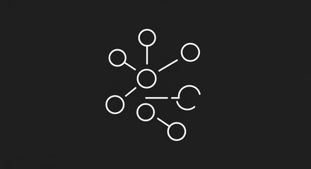 A white network diagram with circles and lines on a dark background representing connections and data flow