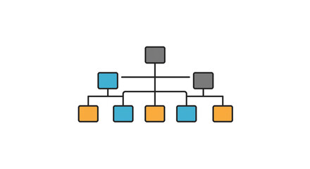 A simple organization chart with gray blue and orange boxes connected by black lines on a white background