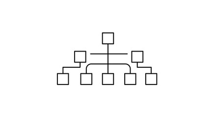 A simple organizational chart with seven square nodes and connecting lines on a white background