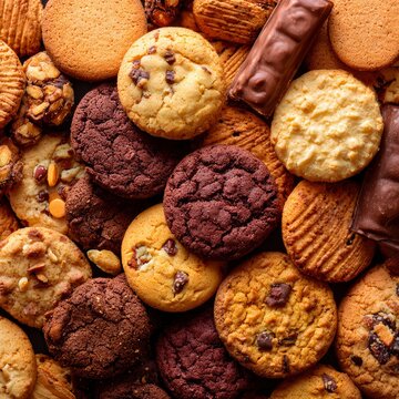 A delightful assortment of assorted cookies and chocolate bars, perfect for satisfying any sweet tooth.