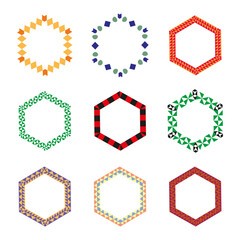 Hexagon frame collection. Colorful pattern design. Geometric border shape. Vector abstract element.