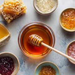 A top-down shot of various types of honey in small bowls, with a honeycomb and honey dipper