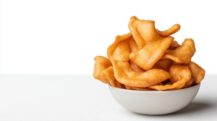 Bowl of Fried Dough Pastries on White Background with Copy Space