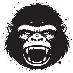 Illustrated black and white gorilla head with an angry expression and sharp teeth showing graphic art