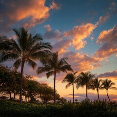Naklejka premium Tropical sunset scene with palm trees, offering a breathtaking vista of the sky and clouds