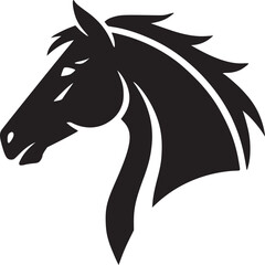 Stylized black horse head silhouette with a flowing mane on a white background illustration