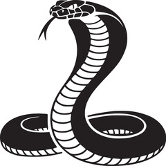 Black and white illustration of a cobra snake with its hood flared and tongue sticking out on white
