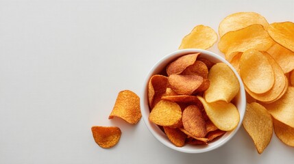 Bowl of Potato Chips on Light Background with Copy Space, Top View