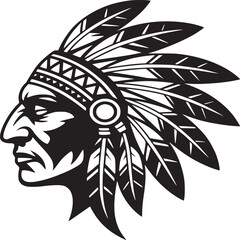 Indian chief head profile with feathered headdress in black and white vector illustration art