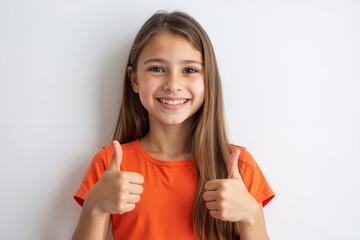 A smiling girl with long hair wearing an orange shirt, showing thumbs up, posing against a plain background.