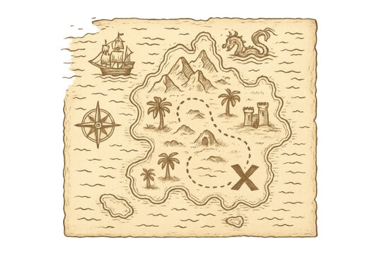 Antique fantasy map revealing treasure route, featuring compass rose, sailing vessel, sea creature on transparent backdrop - Powered by Adobe
