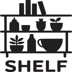 A minimalistic illustration of a shelf with books and various decorative objects on a beige background