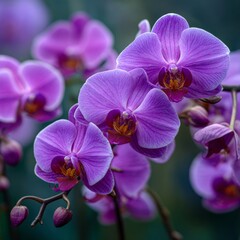 A stunning close-up of vibrant purple orchid flowers with intricate details