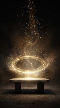 A stone table with a glowing ring above it and sparkles rising into the dark background above the ring