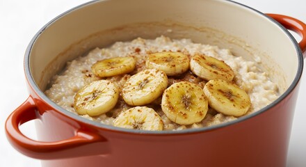 Warm Oatmeal with Banana: A close-up shot features a cozy bowl of warm oatmeal, adorned with sliced bananas and a dusting of cinnamon, evokes feelings of comfort and deliciousness.