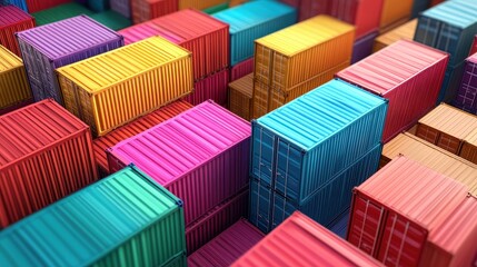 Color-coded cargo containers, organized shipping yard, 3D illustration.