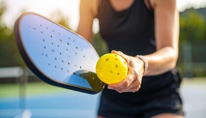 A Close-Up of a Focused Pickleball Player in Action, Paddle Gripped and Ready, Intense Expression, Dynamic Posture, Bright Court Background, Sporty Attire and Motion Captured Mid-Game