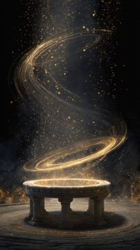 Illuminated stone altar with golden swirling light and sparkling particles in a dark environment